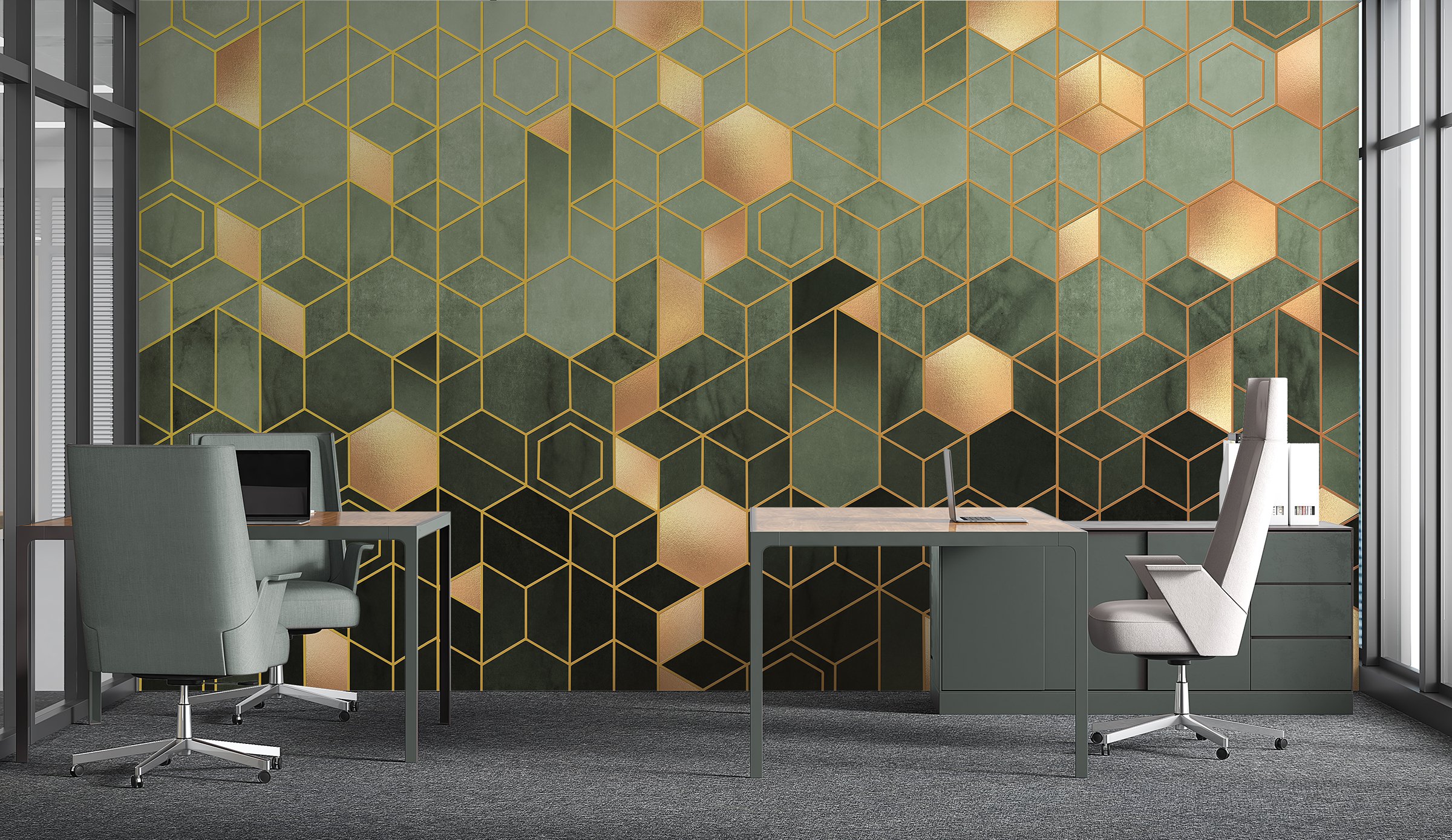 Geometric Abstract Hexagons Green Gold Wallpaper
