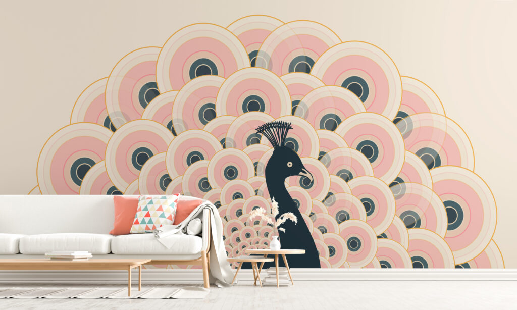 Pink Peacock Pattern Living Wallpaper Mural