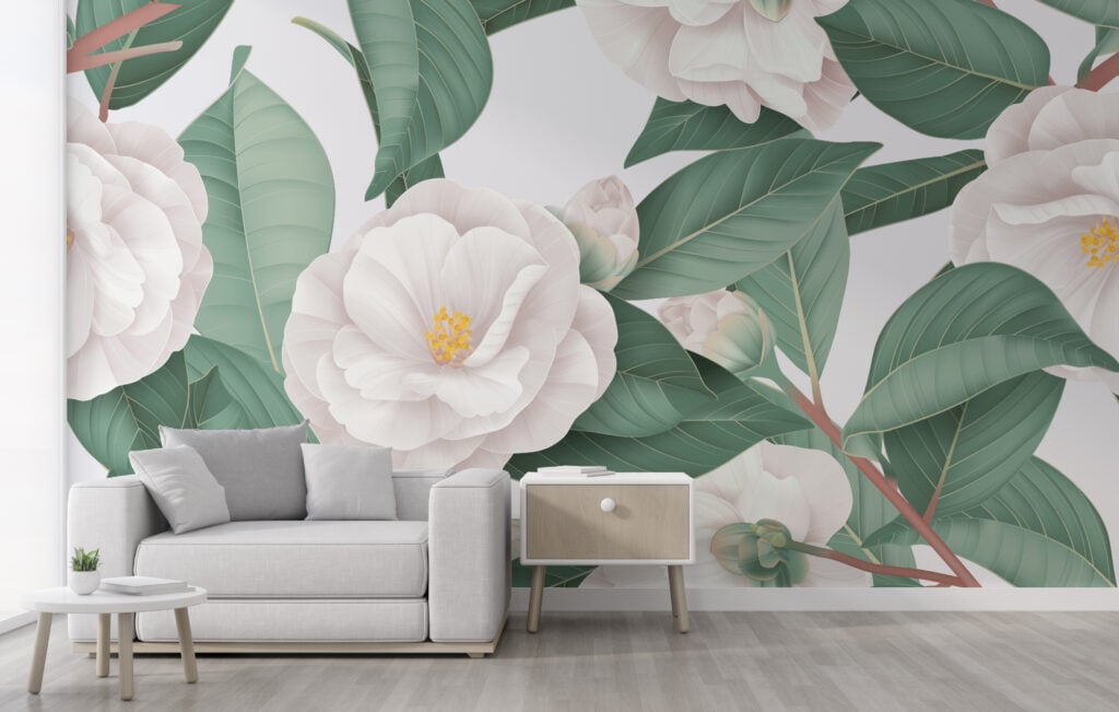 White Camellia Flowers Wallpaper Mural