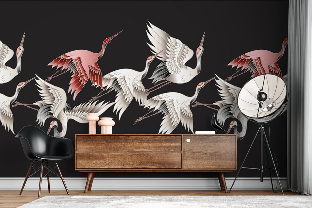 White Crane Japandi Black Wall Murals